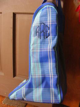 Riding boot bag with embroidered initials